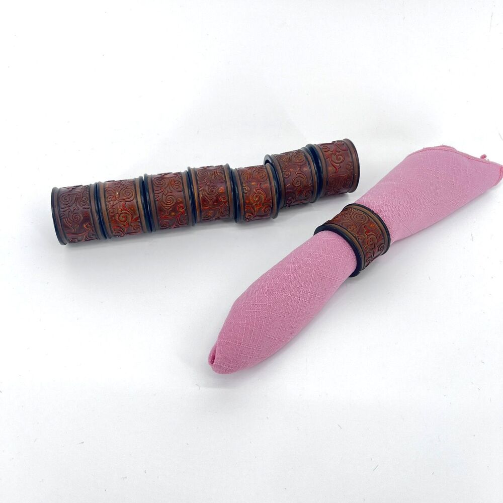 Etched Napkin Rings Antiqued Scrollwork Set of 8 Wooden Look Brown & Black